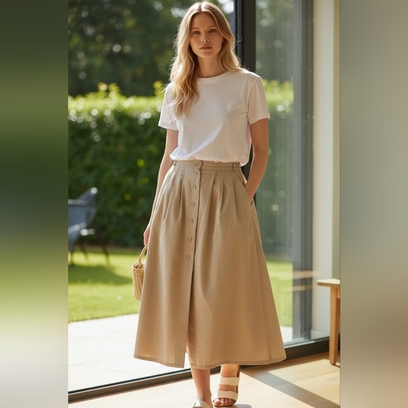 Bogner Dresses & Skirts - Vintage Bogner 100% Trevira Pleated Midi Skirt Size 8 Beige High Waist